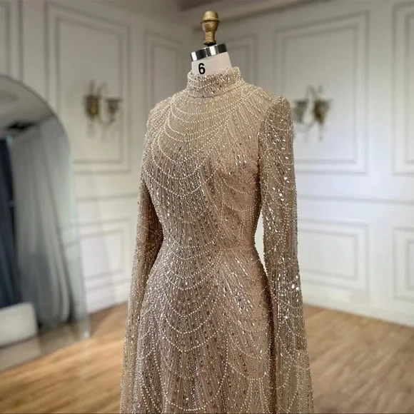 Dubai Arabia Muslim Modest Mermaid Long Cape Luxury Evening Dresses Gowns
